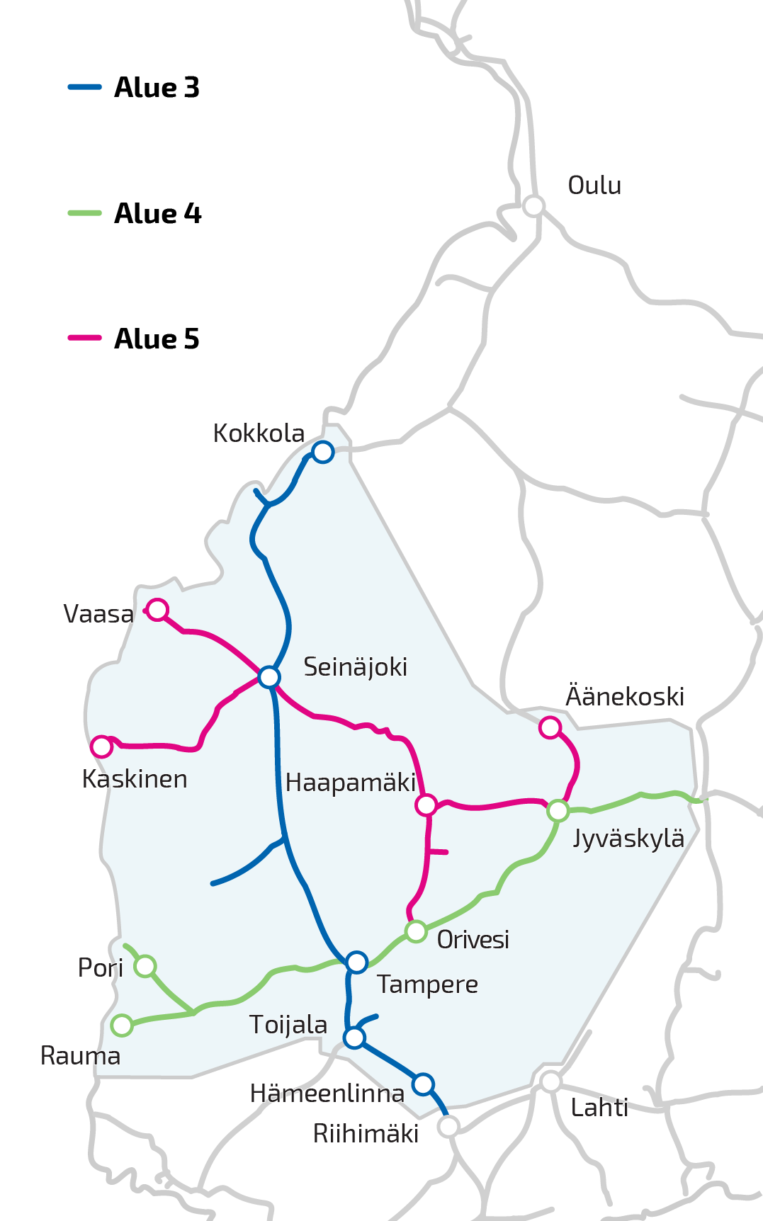 Kartta rataverkon kunnossapitoalueista Länsi-Suomessa.